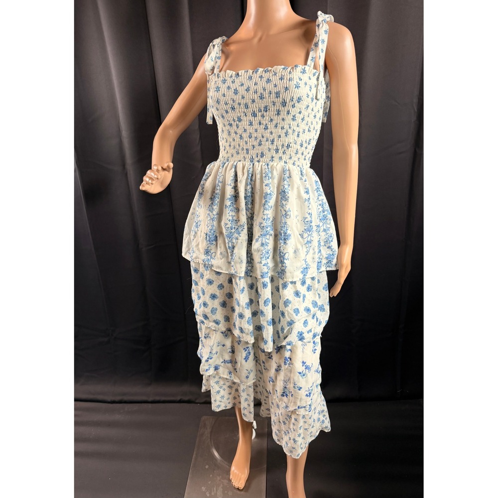 Crystal Doll Blue White Floral Smocked Tiered Midi Dress Sm Cottage Prairie Boho - Picture 2 of 14